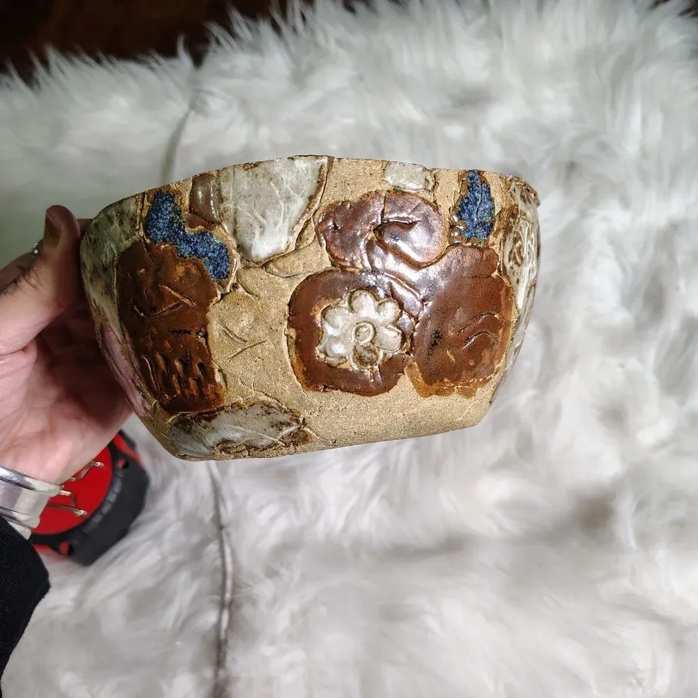Handmade Studio Pottery Bowl  W Unique Floral Designs